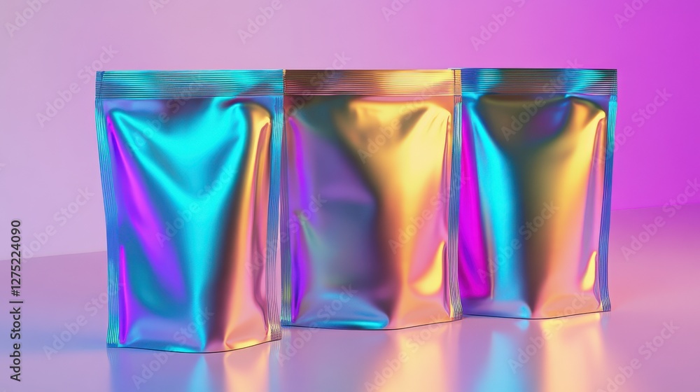 Poster three iridescent packaging pouches arranged on a reflective surface with a colorful gradient backdro
