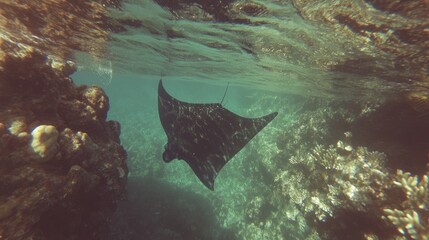 Majestic Manta Ray Gracefully Gliding Through the Ocean Depths