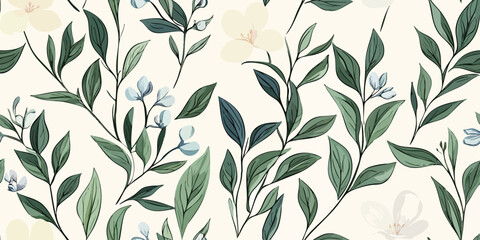 Elegant and vibrant floral pattern with pastel beige flowers and green leaves on a white background or greetings, invitations, manufacture wrapping paper, textile and web design.