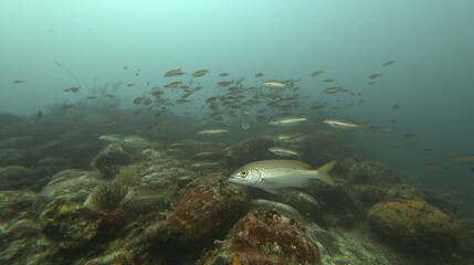 Naklejka premium Underwater School of Fish over Rocky Reef