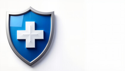 Fototapeta premium Flat-style blue shield with white cross on blank background, protection symbol