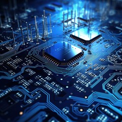 Close-up of a blue computer circuit board, depicting data flow. For tech, education use