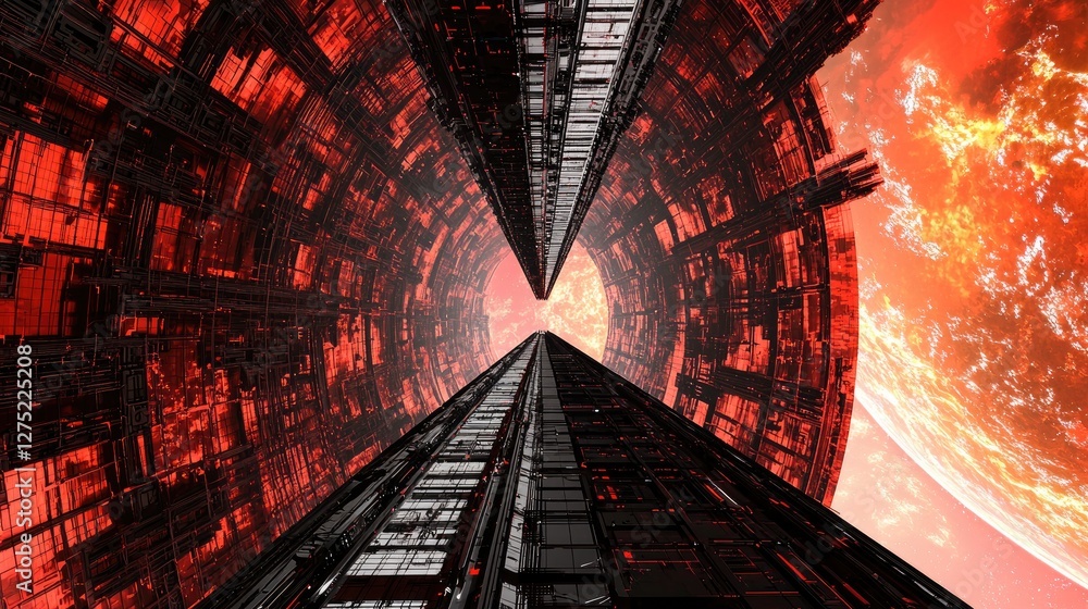 Poster futuristic sci-fi tunnel with red stars and metallic structures