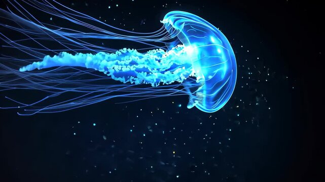 Bioluminescent jellyfish swimming gracefully through the dark ocean depths at night, Bioluminescent jellyfish swimming in dark ocean water at night