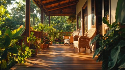 Obraz premium Porch with Wicker Chairs and Potted Plants