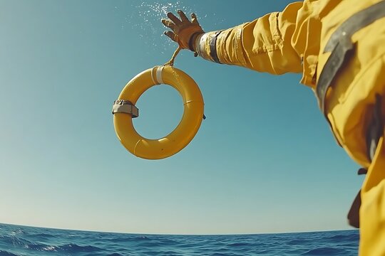 Rescue worker throws life preserver in the ocean