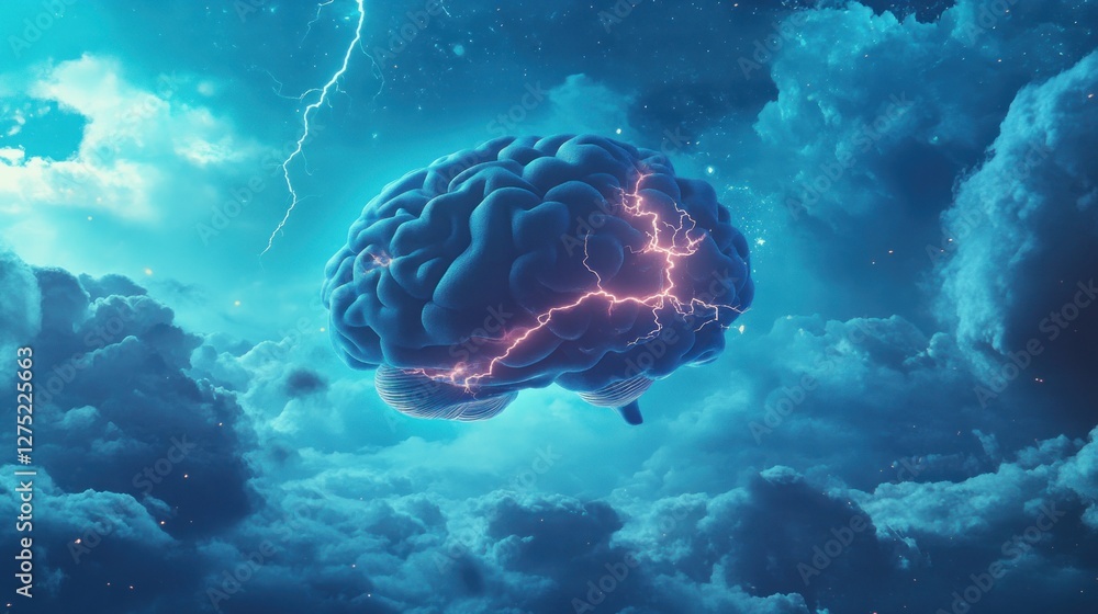 Poster a surreal depiction of a brain surrounded by clouds and lightning, symbolizing thought and energy.