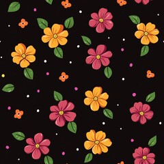 Vibrant Floral Pattern  Orange   Pink Flowers on Black Background