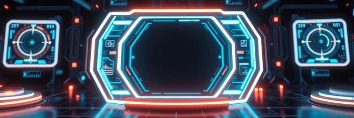 Abstract futuristic digital display with neon lights and holographic elements, modern, interface, display
