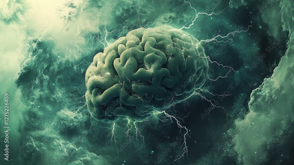 Poster a surreal depiction of a brain surrounded by clouds and lightning, symbolizing thought and energy.
