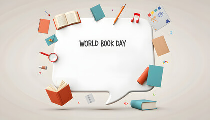 Friendly speech bubble with book icon for World Book Day, storytelling