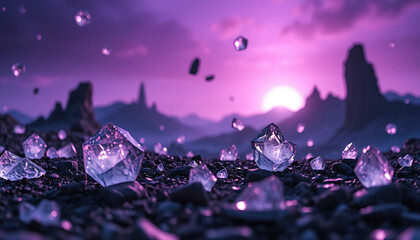 Alien world with floating crystals and a glowing purple sky.