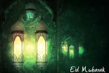Ornamental mosque window patterns glowing with light, Eid Mubarak text in vibrant white on a deep olive green background.