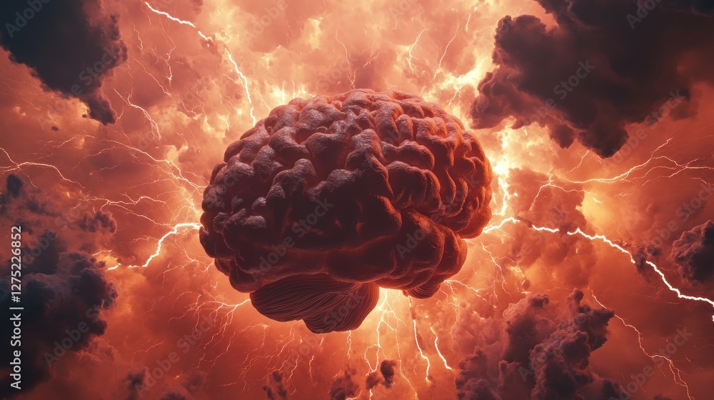 Poster a dramatic visualization of a brain amidst explosive clouds and lightning.