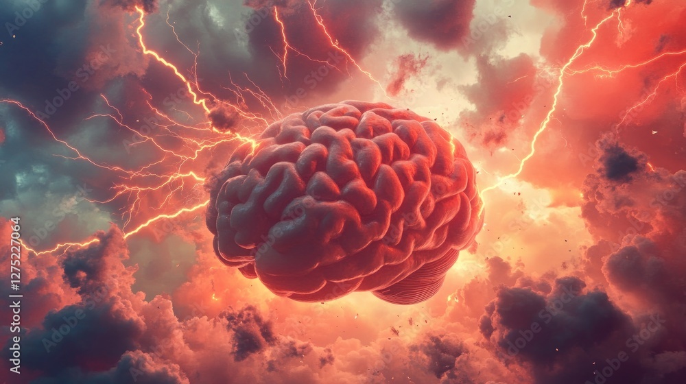 Poster a surreal depiction of a brain surrounded by dramatic clouds and lightning.