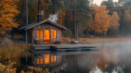 Obraz premium Cozy wooden cabin with sauna reflecting on a misty lake at sunset in autumn