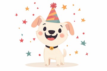 Fototapeta premium Cheerful Dog character Wearing birthday Party Hat - Flat cartoon Illustration. birthday card, greeting card. 
