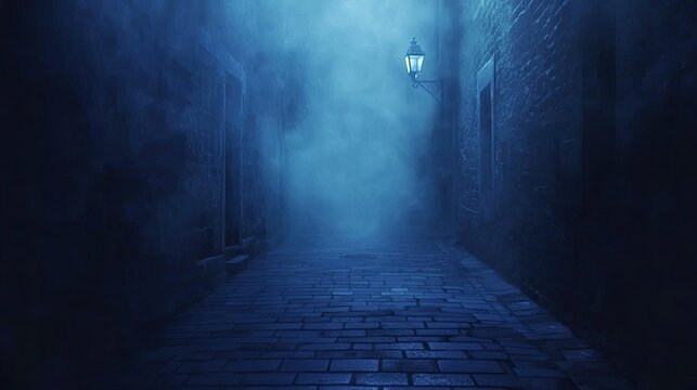 Mysterious Foggy Alley with Old Street Lamp in Dim Light