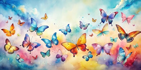 A Vivid Watercolor Painting of Numerous Butterflies in Flight, Displaying a Kaleidoscope of Colors Against a Dreamy, Pastel Sky Background