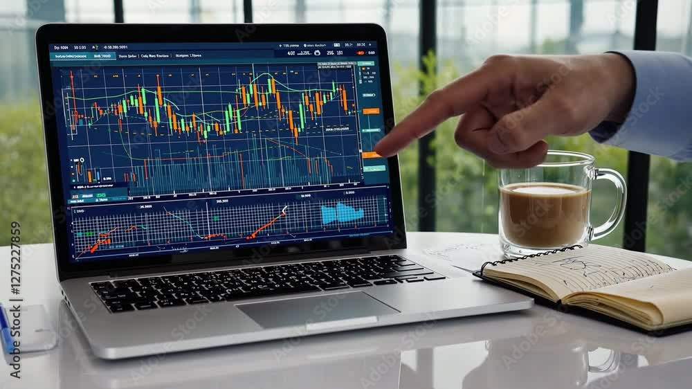 Poster navigating the market: a person's finger points at a financial graph on a laptop screen. alongside a