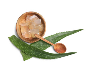 Wooden bowl with fresh aloe vera and spoon isolated on white background