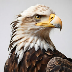 Majestic Eagle Portrait: A close-up, expressive portrait of a fierce eagle, its sharp eyes fixated, showcasing intricate feather details and regal presence. 