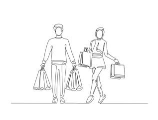 Man and Pretty woman holding shopping line art drawing vector illustration. Continuous line art drawing of happy shopping concept. Editable stroke.