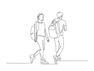 Continuous line art drawing of young man and woman from college or university with backpack. Students walking with schoolbag line art drawing vector illustration. Editable stroke.