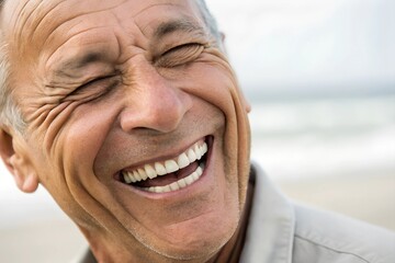 A zoomed-in image capturing a man's face mid-laughter, emphasizing skin folds, dimples, and dynamic facial expressions.