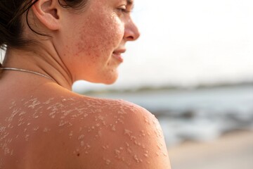 A close-up of sunburnt skin peeling off a shoulder, showing the effects of sun exposure and skin regeneration.
