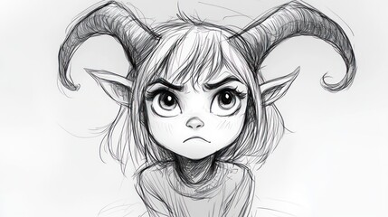 Fototapeta premium Pencil drawing of a young girl with horns, against a light background.