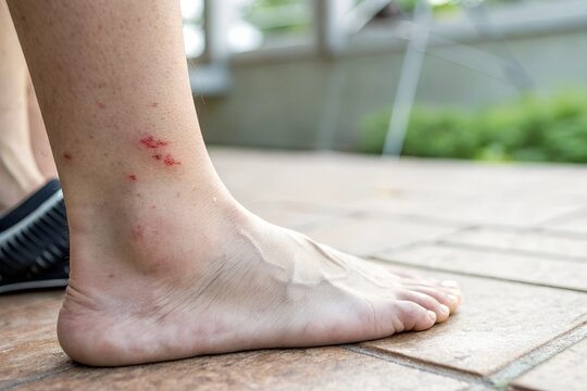A detailed macro shot of an irritated mosquito bite on an ankle, highlighting the swelling, redness, and skin reaction.