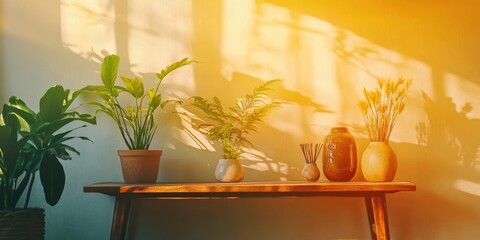 Wooden table with potted plants