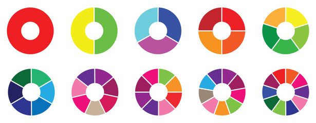 Pie chart set. Circle section graph. Segment infographic. Pie chart divided 1,2,3,4,5,6,7,8,9,10, equal parts. Ring percentage diagram collection, Vector illustration.