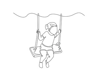 Continuous line art drawing of happy kid playing swing in the park. Children swinging on swing line art drawing vector illustration. Editable stroke.