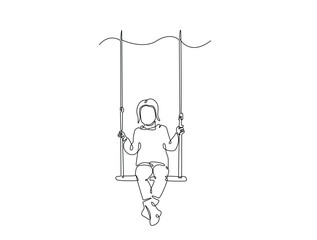 Continuous line art drawing of happy kid playing swing in the park. Children swinging on swing line art drawing vector illustration. Editable stroke.