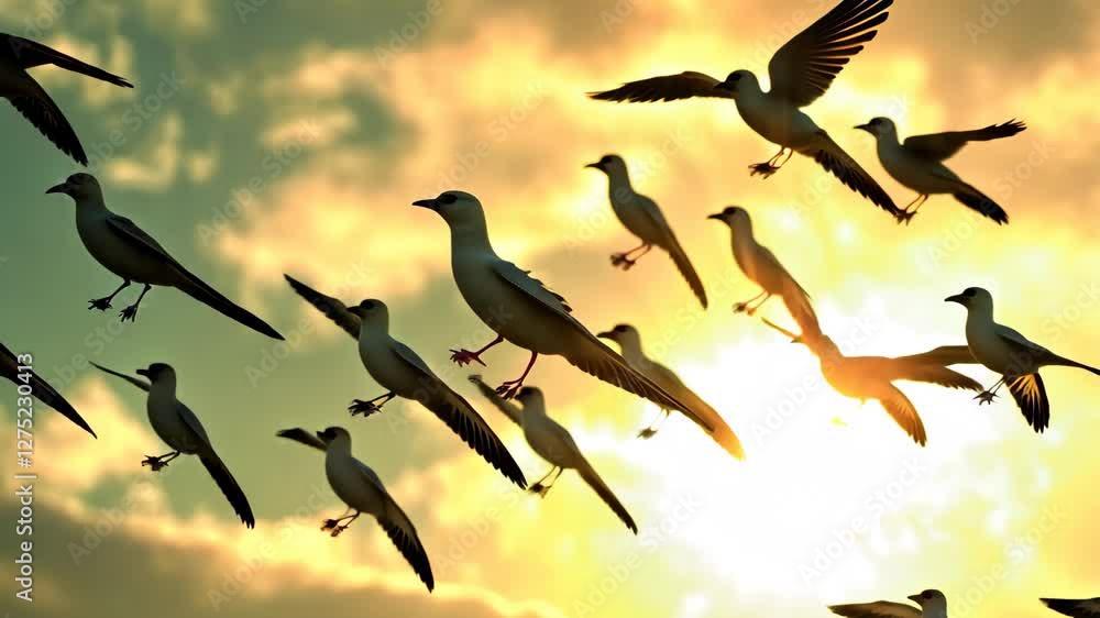 Poster flock of swallows gracefully migrating during sunset in a vibrant sky, a flock of swallows migrating