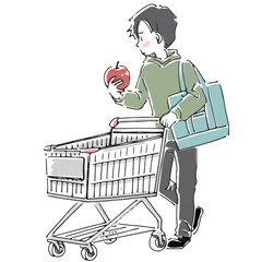 ショッピングカートで買い物をする男性