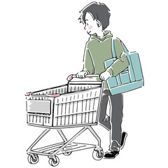 ショッピングカートで買い物する男性