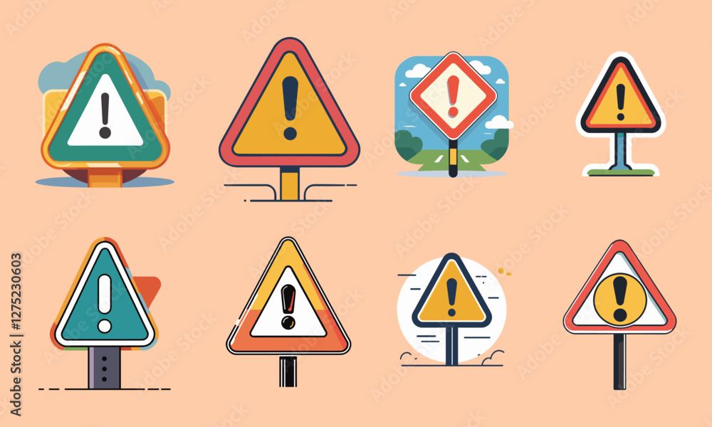 Poster sets icon collection of different triangular warning signs with exclamation marks, each with unique 