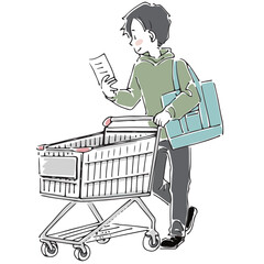 買い物メモを見ながらショッピングカートで買い物する男性