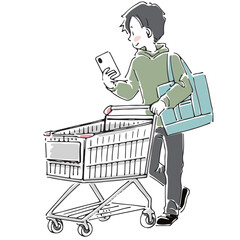 スマホを見ながらショッピングカートで買い物する男性