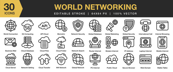World Networking icon set. Editable Stroke Icon Collection. Includes world, network, global, globe, technology, and More. Outline icons vector collection.