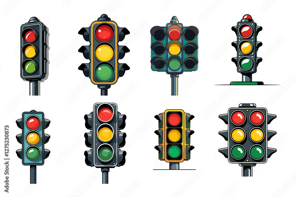 Poster sets icon collection of different traffic lights with various designs and configurations, each displ