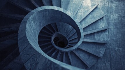 Spiral Concrete Staircase in Dark Interior with Blue Color Tone