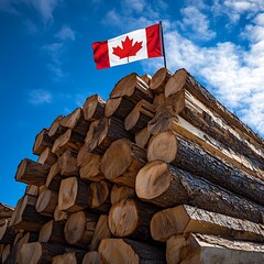 Canadian lumber stack, flag, sky