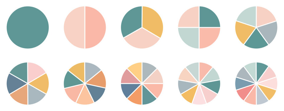 Pie chart color icons. Segment slice sign. Circle section graph. 1,2,3,4,5,6,7,8,9,10, segment infographic. Wheel round diagram part symbol. Geometric element. Vector eps 10.
