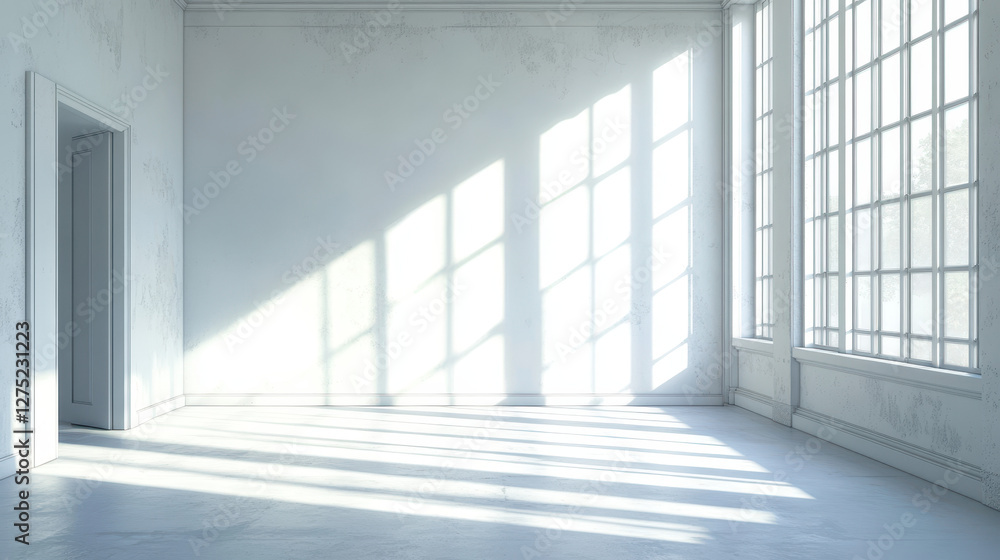 Poster white room with a window and light shadow on the floor