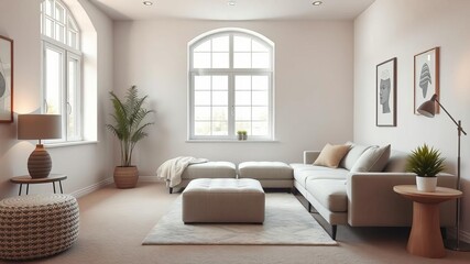 Fototapeta premium A modern living room with a sleek grey couch and matching ottoman in the center, decor, ottoman, relax