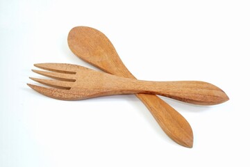 wooden fork and spoon isolated on white background 